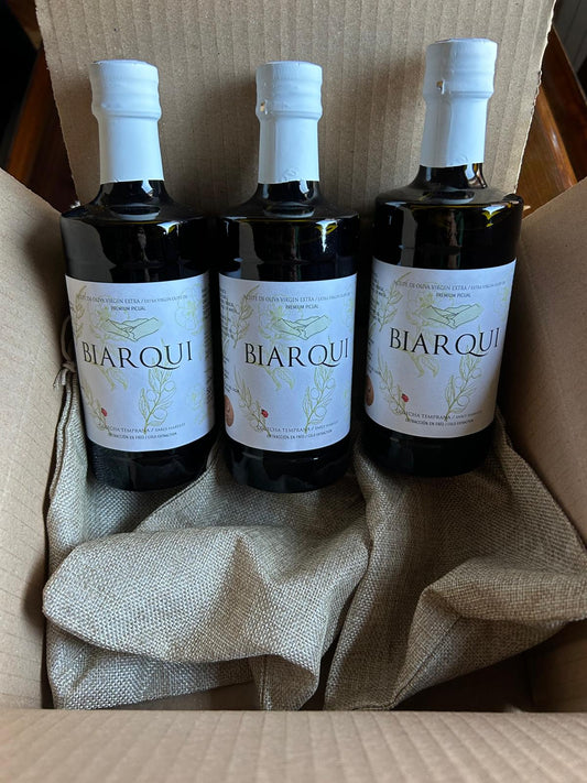 BIARQUI - 3 Botellas de 500 ml - En bolsa de arpillera con logotipo. Aceite de Oliva Virgen Extra. Picual cosecha temprana.